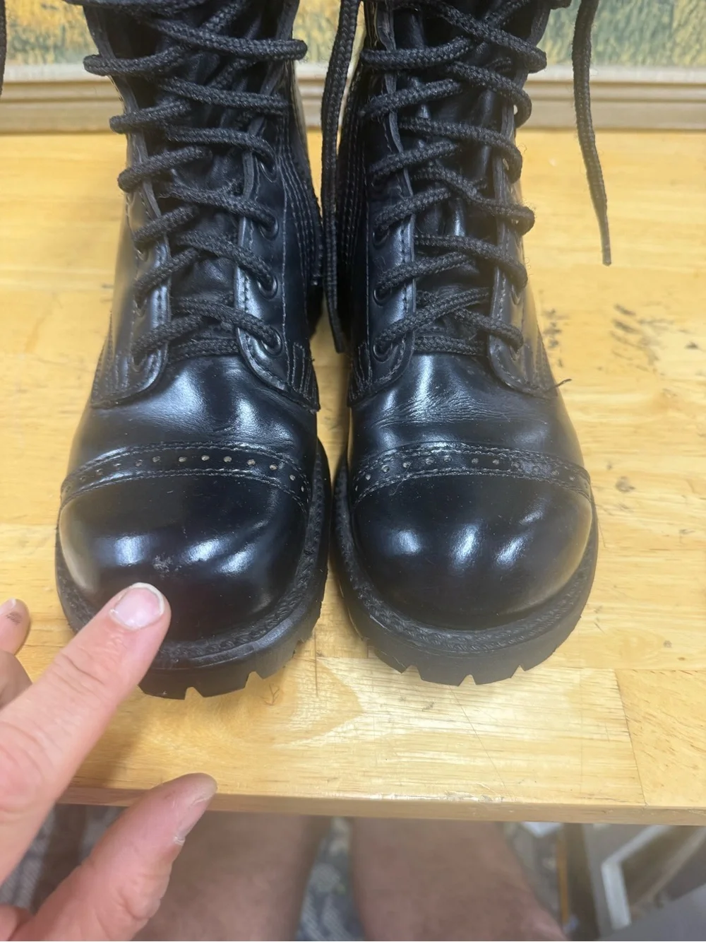 Corcoran 10” black leather jump boots, side zipper, cap toe, size 5R USA stamp